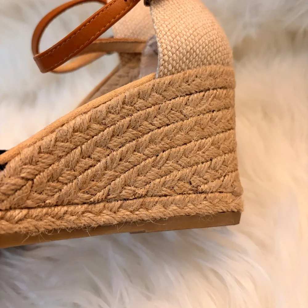 White Mountain Mamba Wedge Sandals Womens 8.5W Black Tan Excellent Espadrille